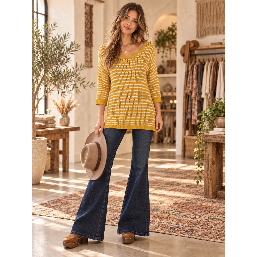 Talbots Womens Yellow White Striped Open Knit Scoop Neck 3/4 Sleeve Sweater S